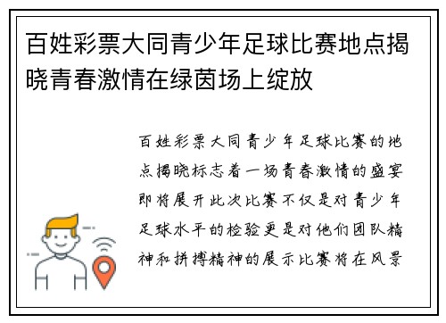 百姓彩票大同青少年足球比赛地点揭晓青春激情在绿茵场上绽放